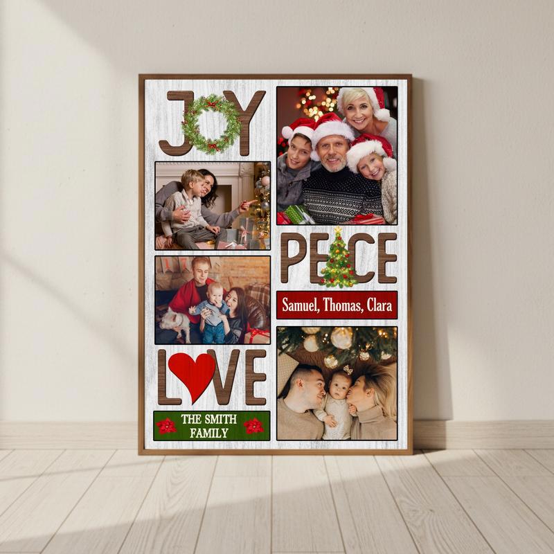 Custom Christmas Joy, Peace, Love Photo Collage Farmhouse Canvas - Personalize Wall Art