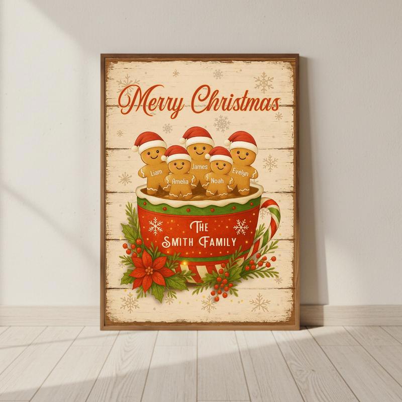 Custom Christmas Keepsake - Gingerbread Family Cup Canvas - Personalize Wall Art