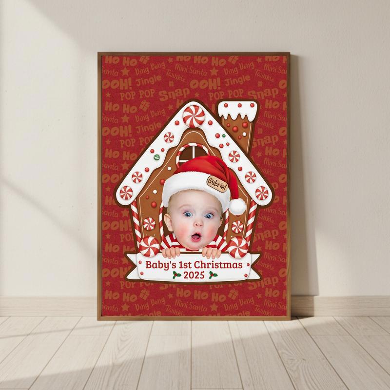 Custom Face Gingerbread House - Baby's First Christmas Canvas - Personalize Wall Art