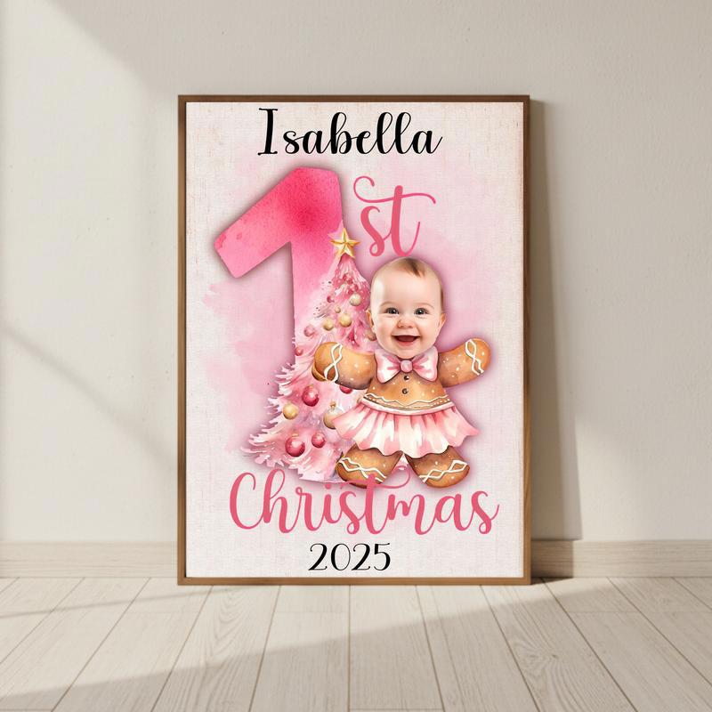 Custom Pink Gingerbread Ballerina Canvas - Baby Girl 1st Christmas - Personalize Wall Art