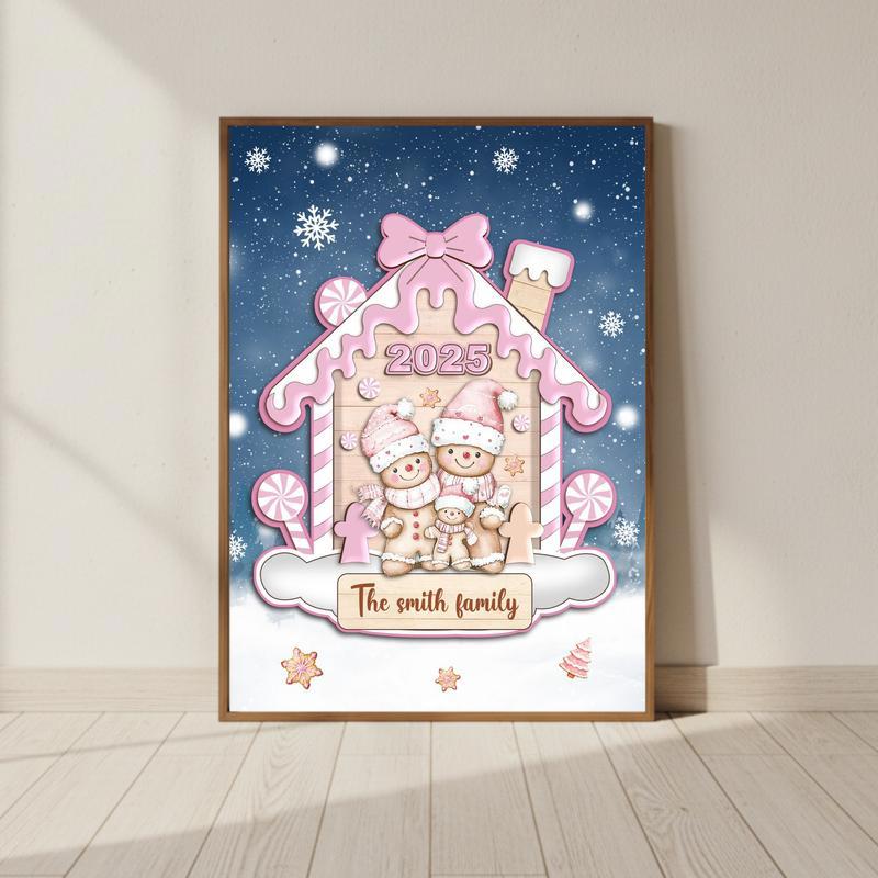 Cute Holiday Home Decor - Custom Pink Gingerbread Family Canvas - Personalize Wall Art