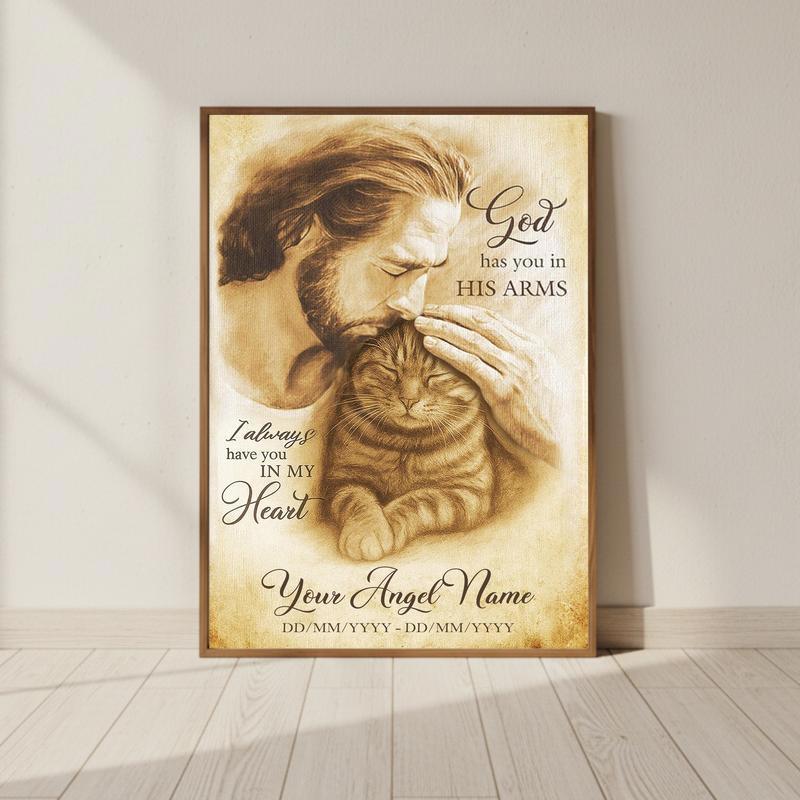 Heavenly Cat Memorial Photo Gift - "In God's Arms" Canvas - Personalize Wall Art
