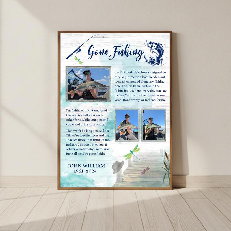 In Loving Memory - Dad's Fisherman Photo Collage Canvas - Personalize Wall Art