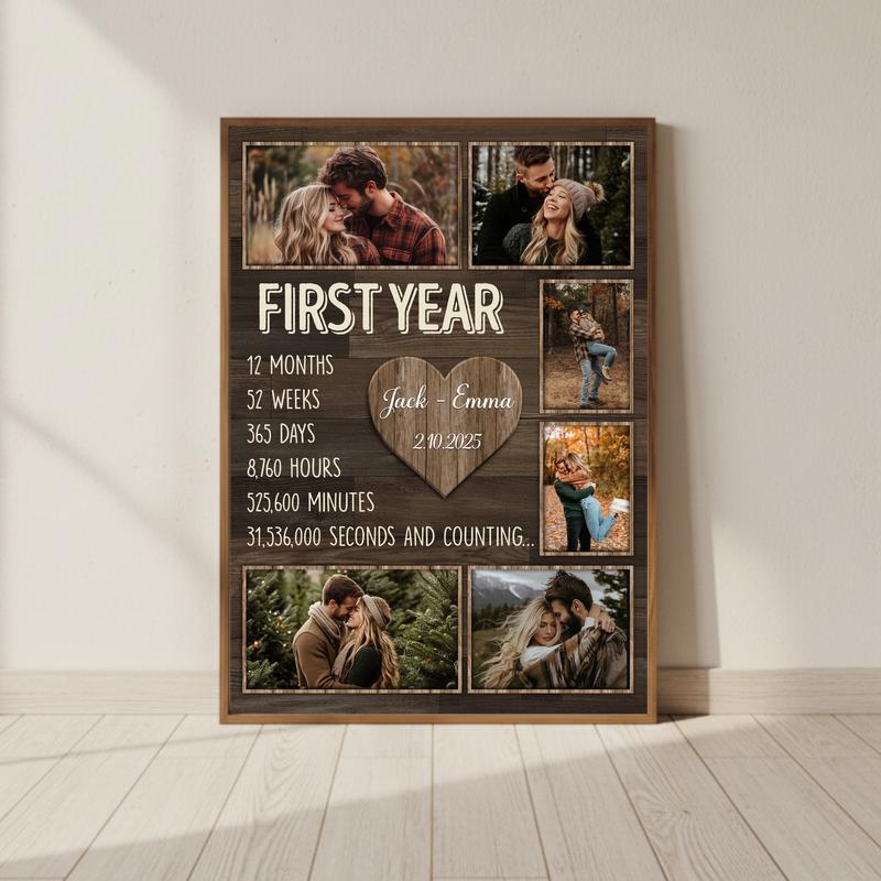 Our First Year - Rustic Photo Collage Anniversary Canvas - Personalize Wall Art