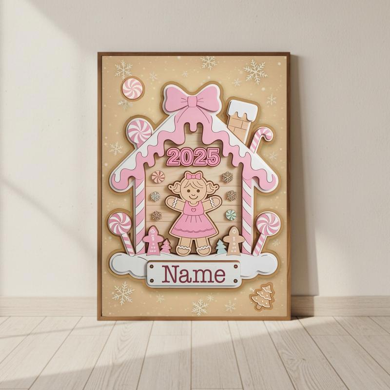 Personalized Pink Gingerbread Canvas - Xmas Gift For Baby Girl - Personalize Wall Art