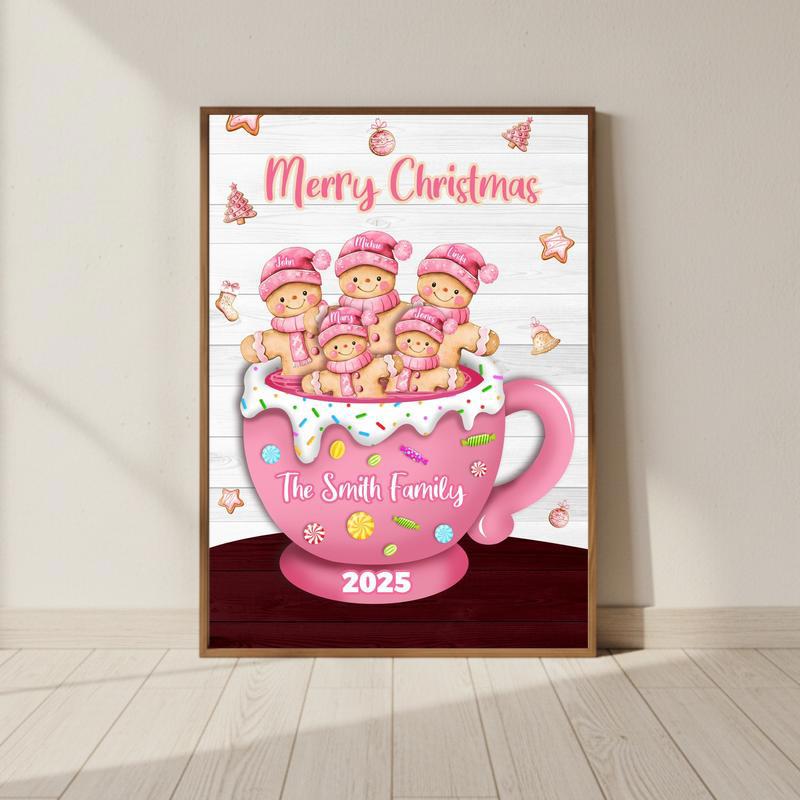 Sweet Pink Gingerbread Family Christmas Keepsake Custom Canvas - Personalize Wall Art
