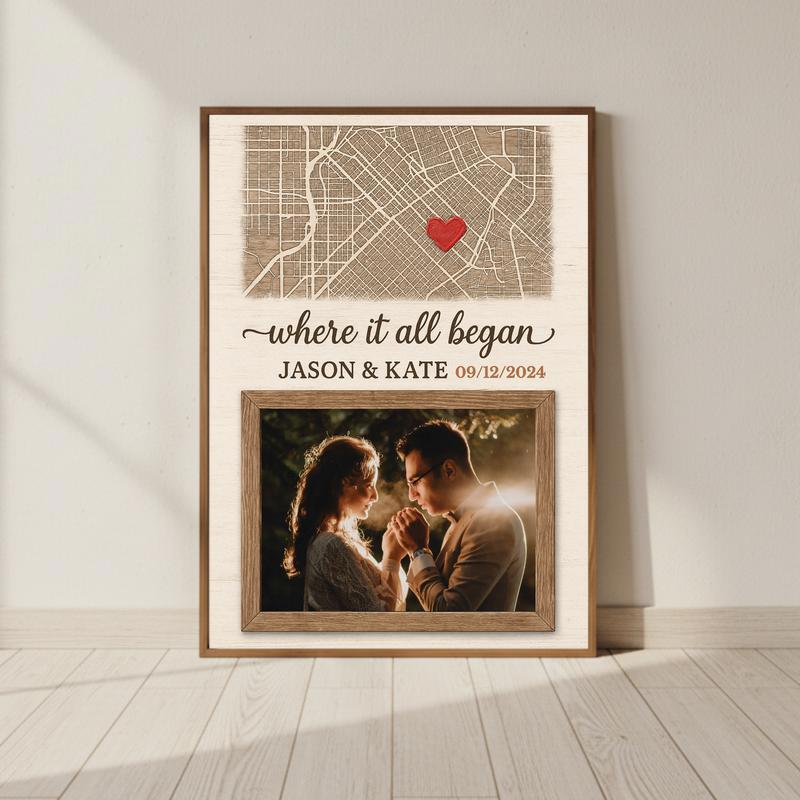 Where It All Began Anniversary Gift - Custom Map & Photo Canvas - Personalize Wall Art