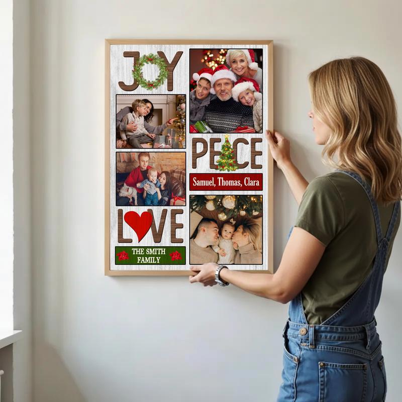 Custom Christmas Joy, Peace, Love Photo Collage Farmhouse Canvas
