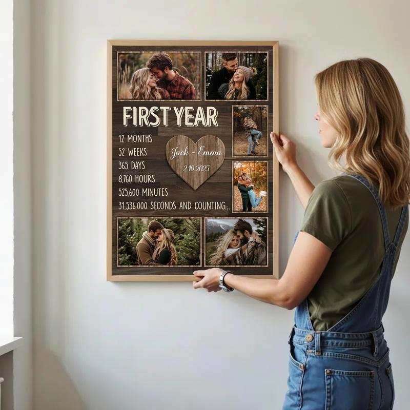 Our First Year - Rustic Photo Collage Anniversary Canvas