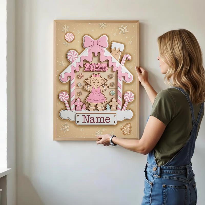 Personalized Pink Gingerbread Canvas - Xmas Gift For Baby Girl