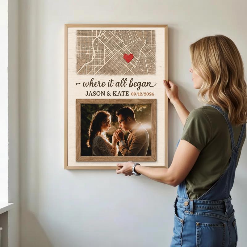 Where It All Began Anniversary Gift - Custom Map & Photo Canvas
