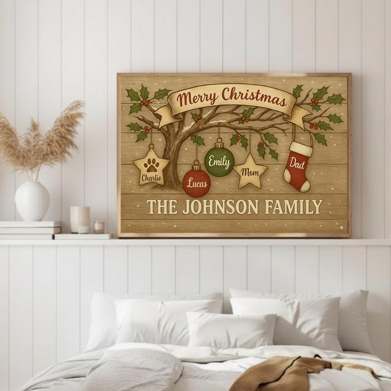 Cherished Family Tree Personalized Rustic Christmas Canvas
