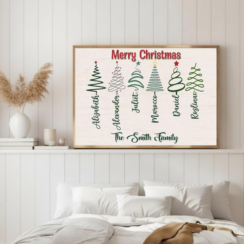 Custom Family Cursive Names Canvas - Rustic Christmas Tree Art