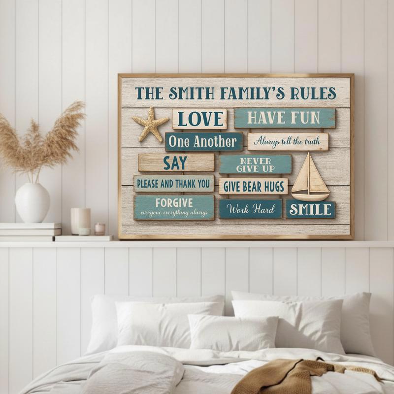 Custom Nautical Beach House Rules Wall Art - Coastal Family Canvas