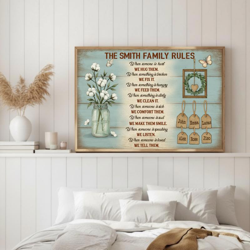 Our Custom Family Rules - Personalized Rustic Names Canvas