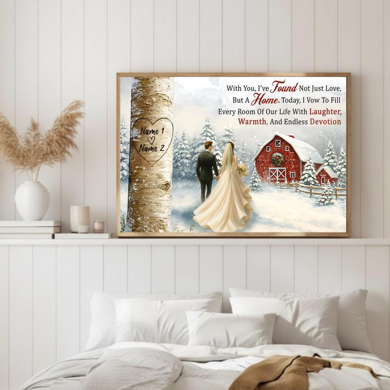 Personalized Names Carved In Tree Heart - Winter Wedding Canvas