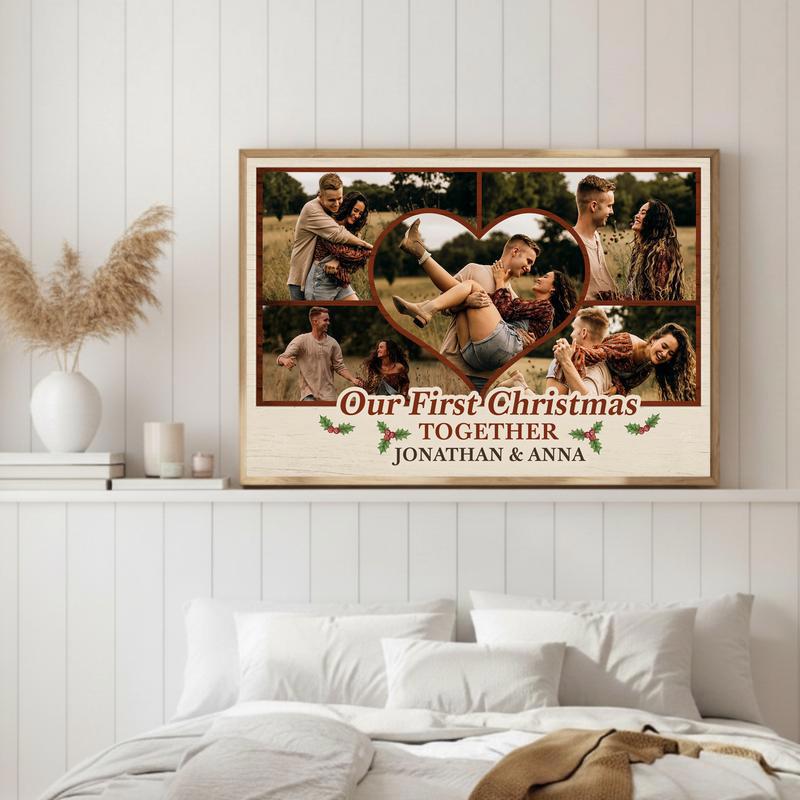 Rustic First Christmas Photo Collage Gift For Couples Canvas