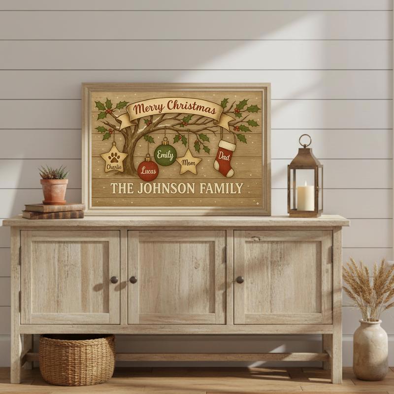 Cherished Family Tree Personalized Rustic Christmas Canvas