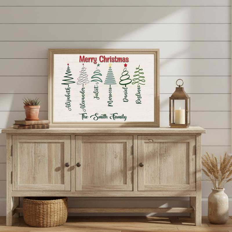 Custom Family Cursive Names Canvas - Rustic Christmas Tree Art
