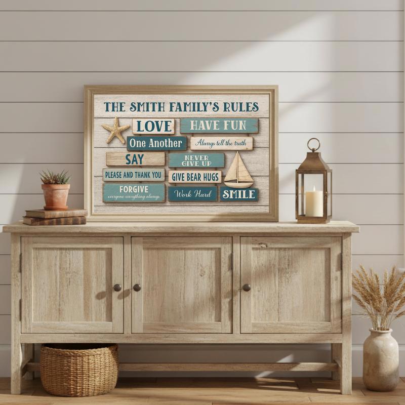 Custom Nautical Beach House Rules Wall Art - Coastal Family Canvas