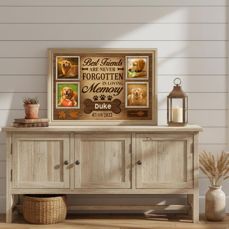 Never Forgotten Dog Photo Keepsake, Rustic Fall Tribute Canvas