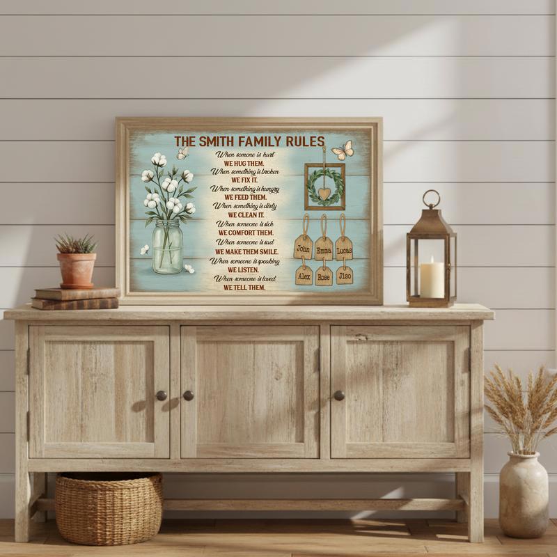 Our Custom Family Rules - Personalized Rustic Names Canvas