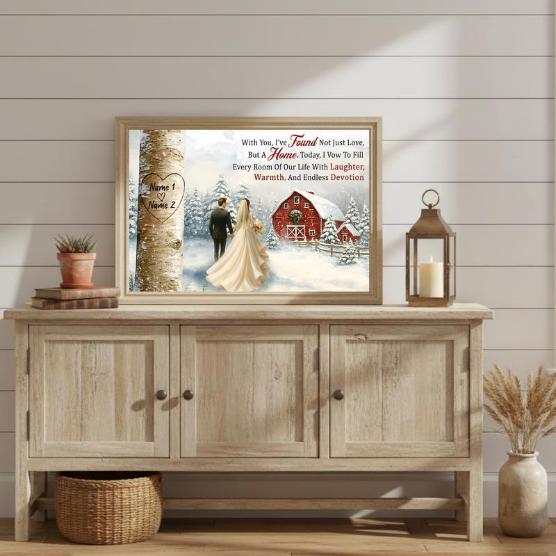 Personalized Names Carved In Tree Heart - Winter Wedding Canvas