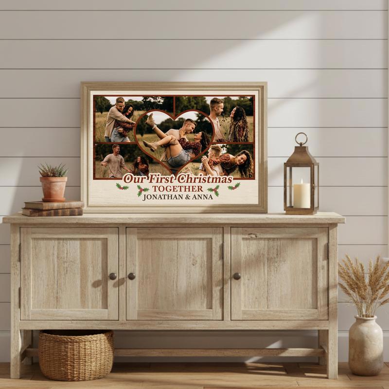 Rustic First Christmas Photo Collage Gift For Couples Canvas