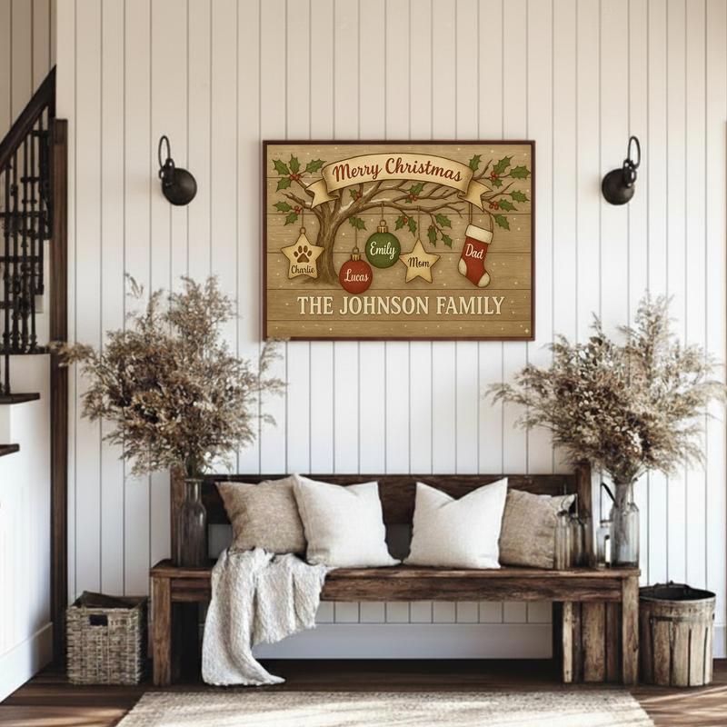 Cherished Family Tree Personalized Rustic Christmas Canvas