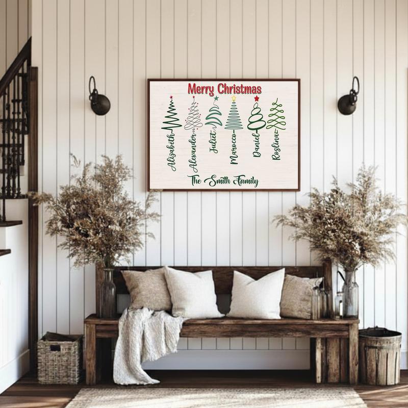 Custom Family Cursive Names Canvas - Rustic Christmas Tree Art