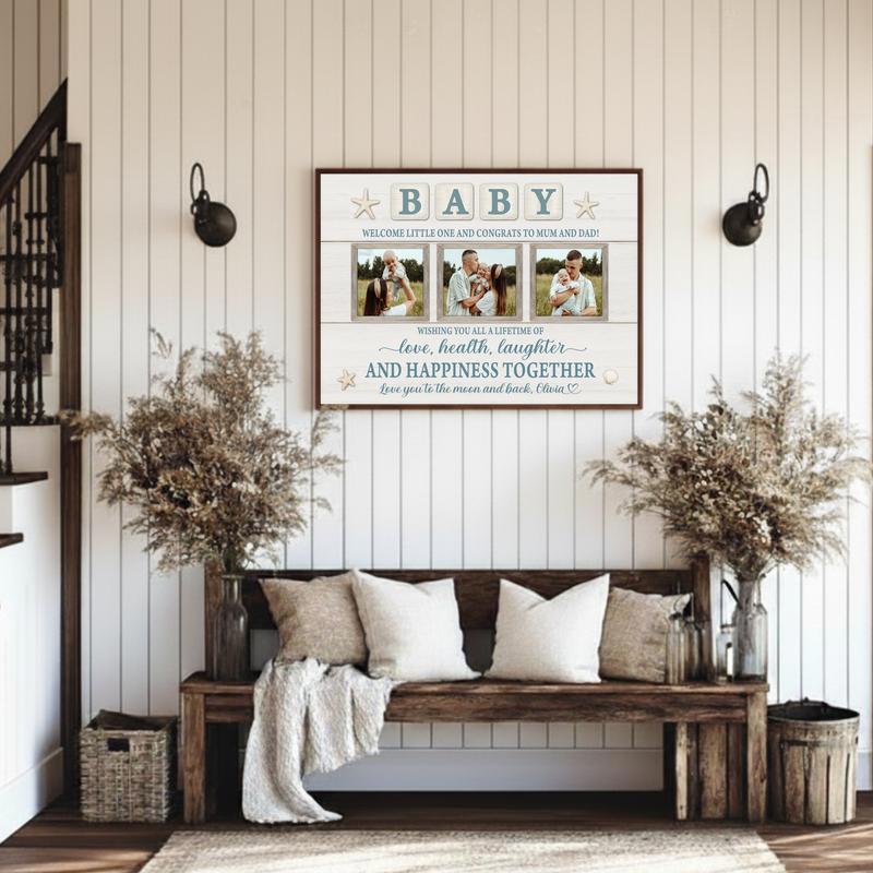 Newborn Milestone Photo Keepsake, Personalized Farmhouse Canvas