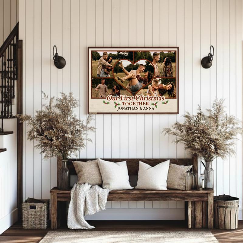 Rustic First Christmas Photo Collage Gift For Couples Canvas