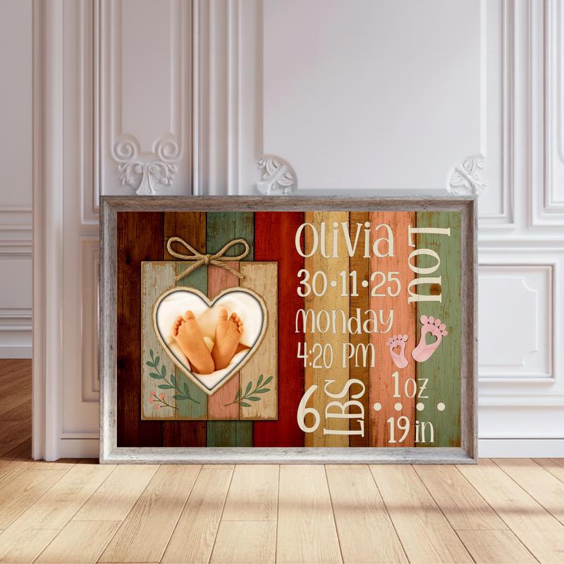 Cherish Baby's Birth - Custom Photo Keepsake & Stats Canvas - Personalize Wall Art