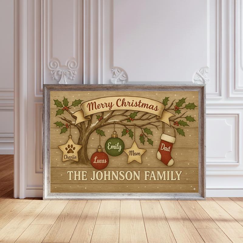Cherished Family Tree Personalized Rustic Christmas Canvas - Personalize Wall Art