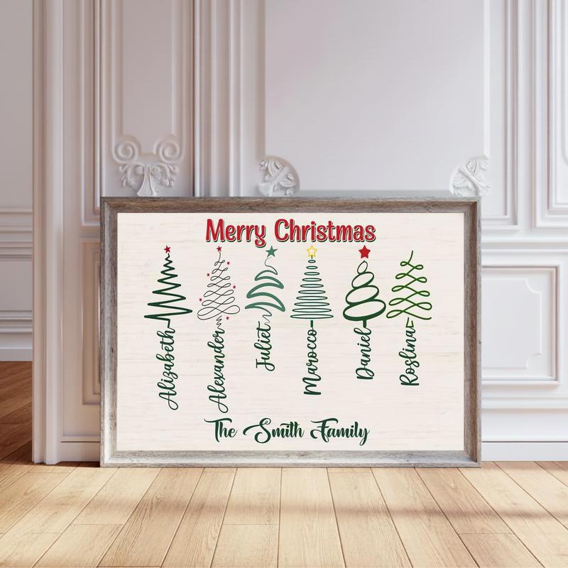 Custom Family Cursive Names Canvas - Rustic Christmas Tree Art - Personalize Wall Art