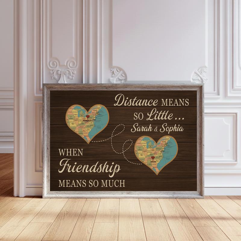 Long Distance Bestie Custom Map Friendship Gift Canvas - Personalize Wall Art
