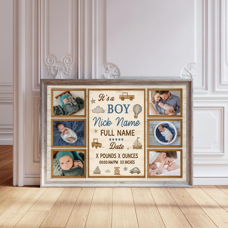 Milestone Keepsake Canvas - Personalized Baby Boy Photo Collage - Personalize Wall Art