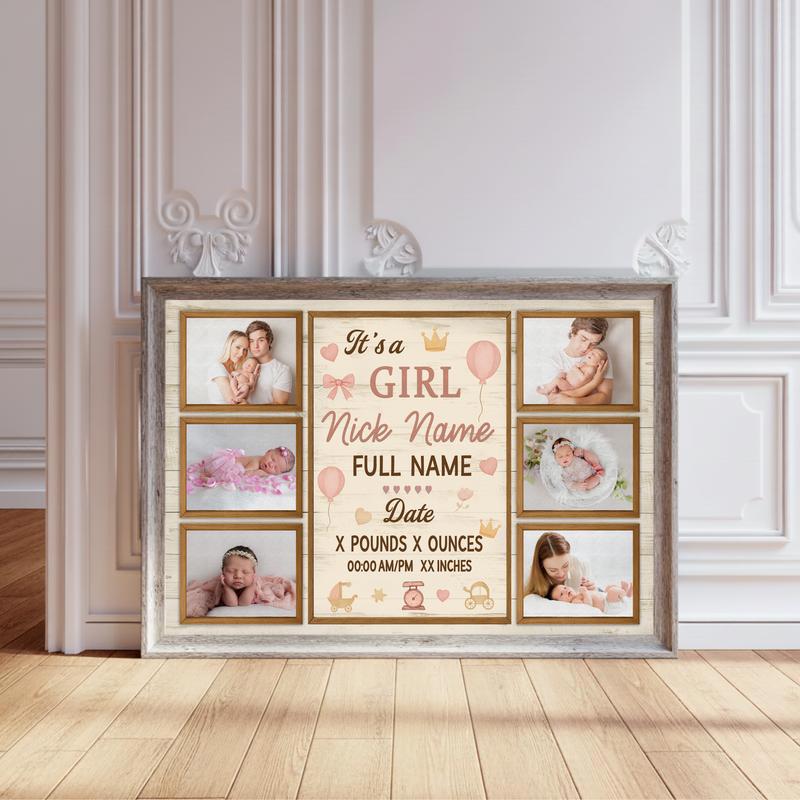 Milestone Keepsake Canvas - Personalized Baby Girl Photo Collage - Personalize Wall Art