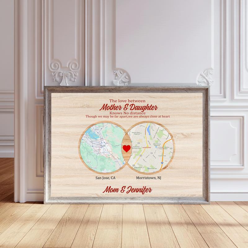 Mother Daughter Bond - Custom Long Distance Map Keepsake Canvas - Personalize Wall Art