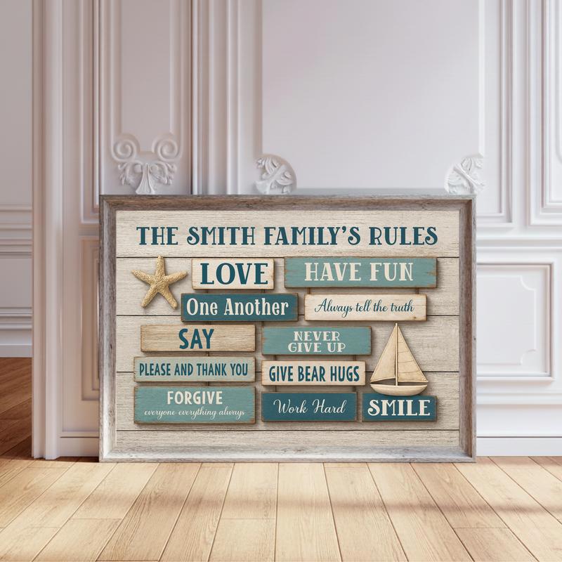 Custom Nautical Beach House Rules Wall Art - Coastal Family Canvas - Personalize Wall Art