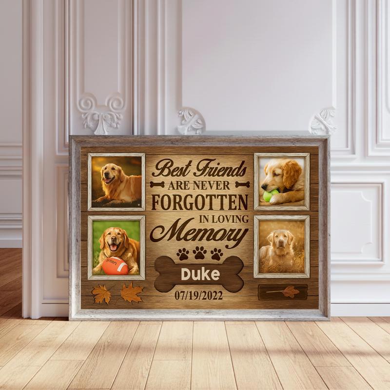 Never Forgotten Dog Photo Keepsake, Rustic Fall Tribute Canvas - Personalize Wall Art