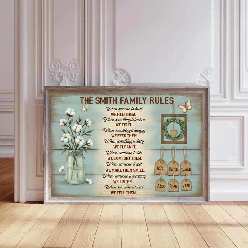 Our Custom Family Rules - Personalized Rustic Names Canvas - Personalize Wall Art