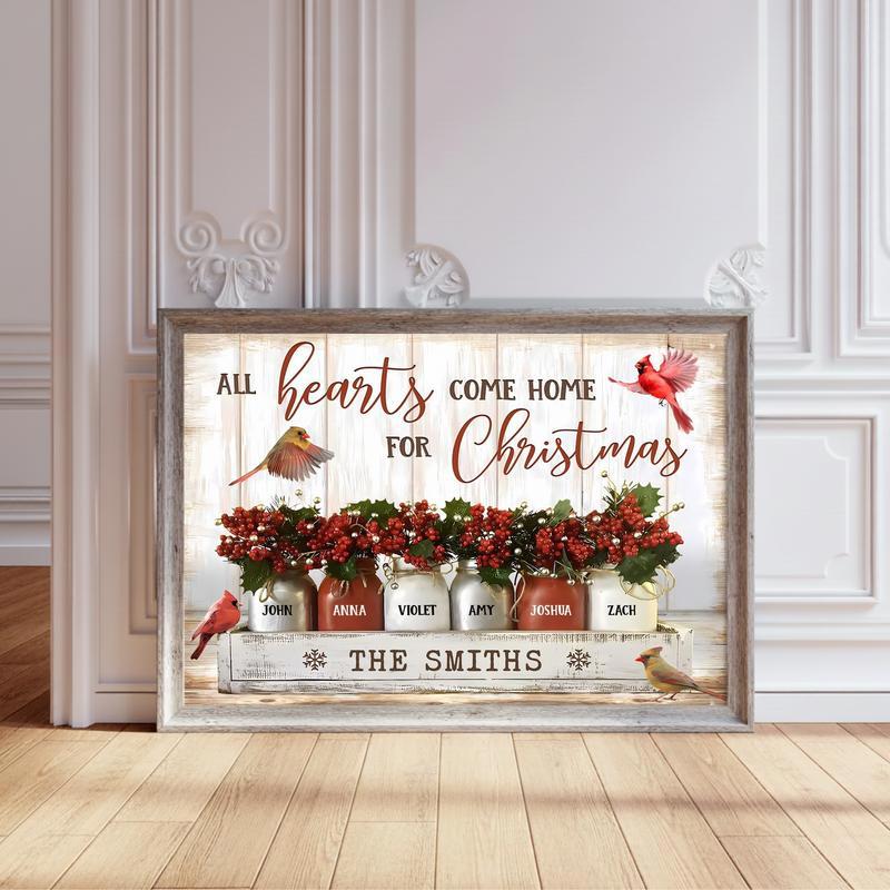 Christmas Home Custom Canvas Cardinal & Family Names Keepsake - Personalize Wall Art