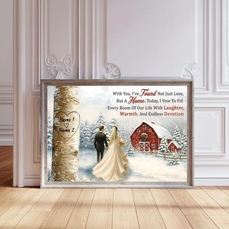 Personalized Names Carved In Tree Heart - Winter Wedding Canvas - Personalize Wall Art