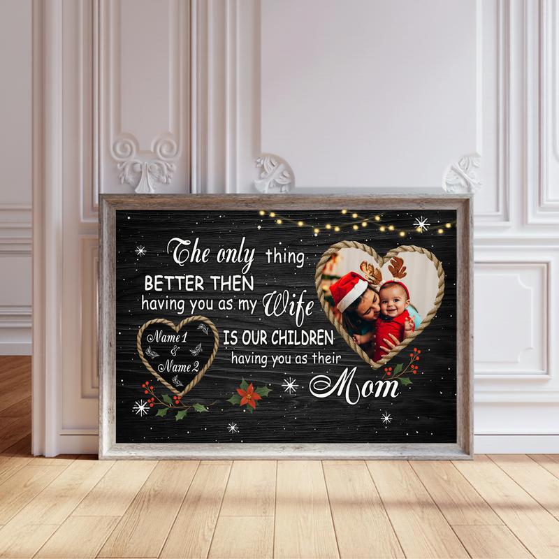 Romantic Xmas Gift For Wife - Custom Names & Family Photo Canvas - Personalize Wall Art
