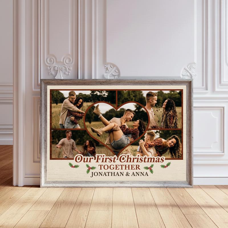 Rustic First Christmas Photo Collage Gift For Couples Canvas - Personalize Wall Art