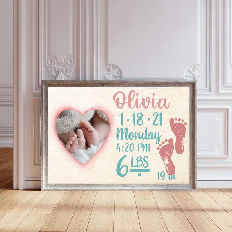 Treasured Footprints - Custom New Baby Arrival Keepsake Canvas - Personalize Wall Art