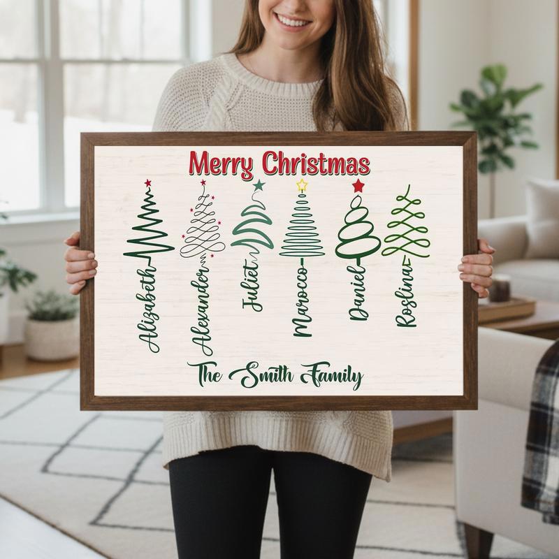 Custom Family Cursive Names Canvas - Rustic Christmas Tree Art