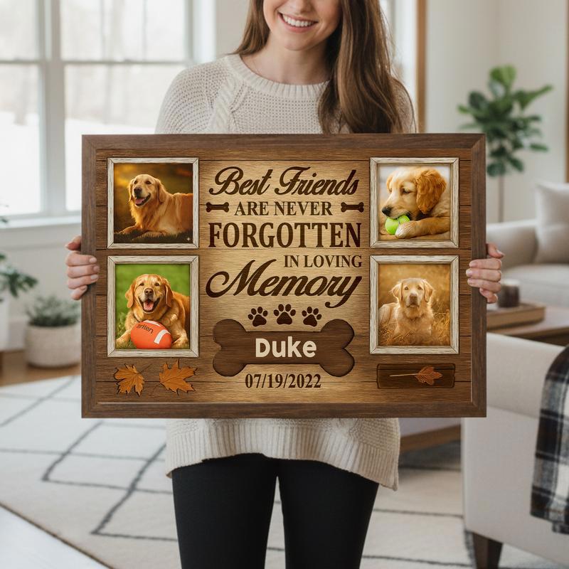 Never Forgotten Dog Photo Keepsake, Rustic Fall Tribute Canvas