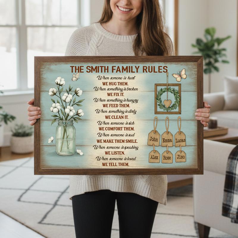 Our Custom Family Rules - Personalized Rustic Names Canvas